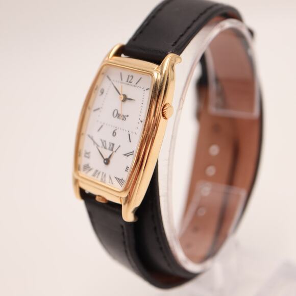 Vintage Orvis Gold Tone Womens Dual Time 34mm Watch Black Leather w New Battery main image 6